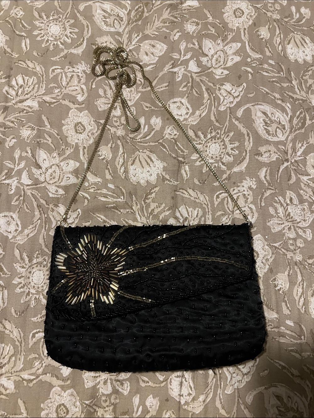 Black Beaded Evening Clutch with Gold Accents
